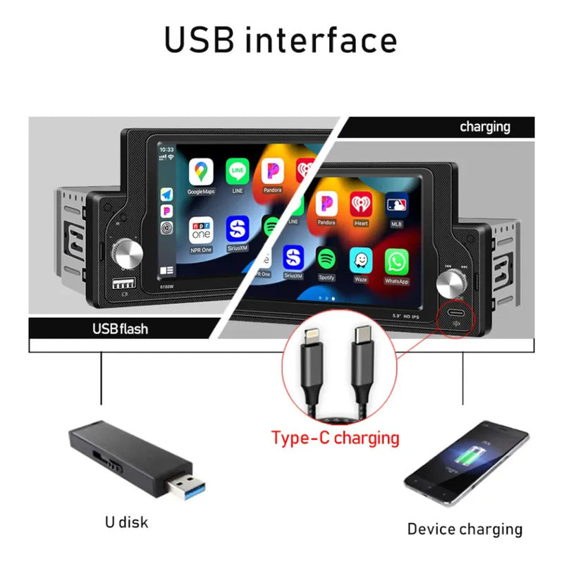 Autoestéreo Bluetooth 1 Din 5.9 Pulgadas Carplay Android Negro