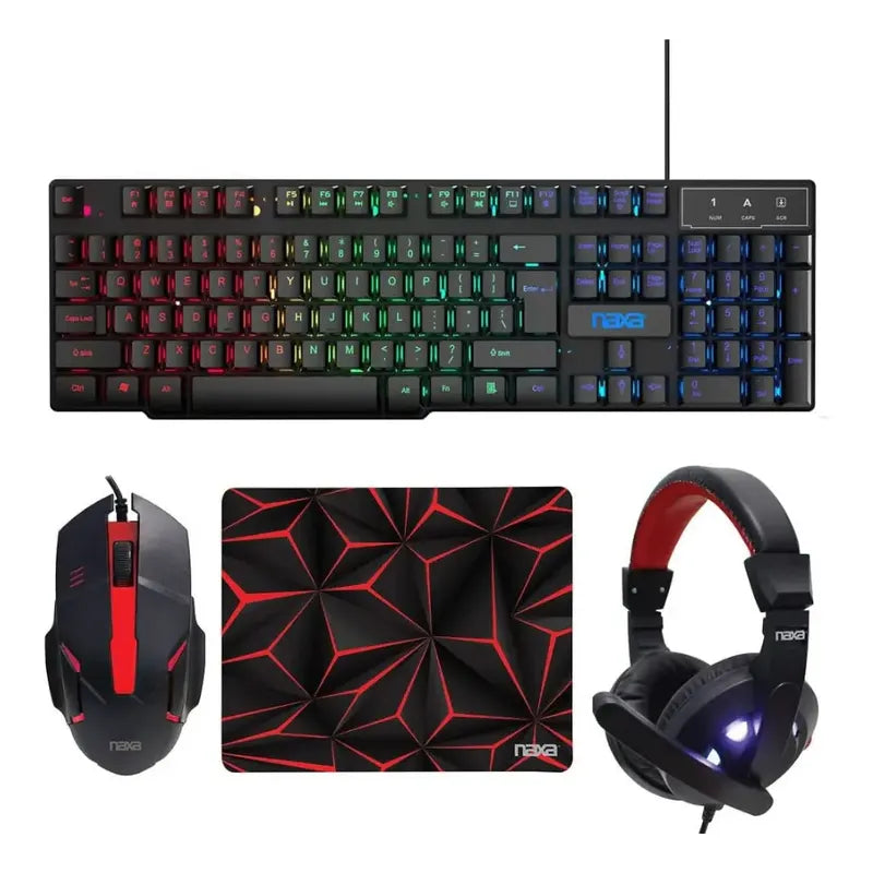 Teclado Gamer Retroiluminado Led Con Mouse, Audifonos Naxa Negro