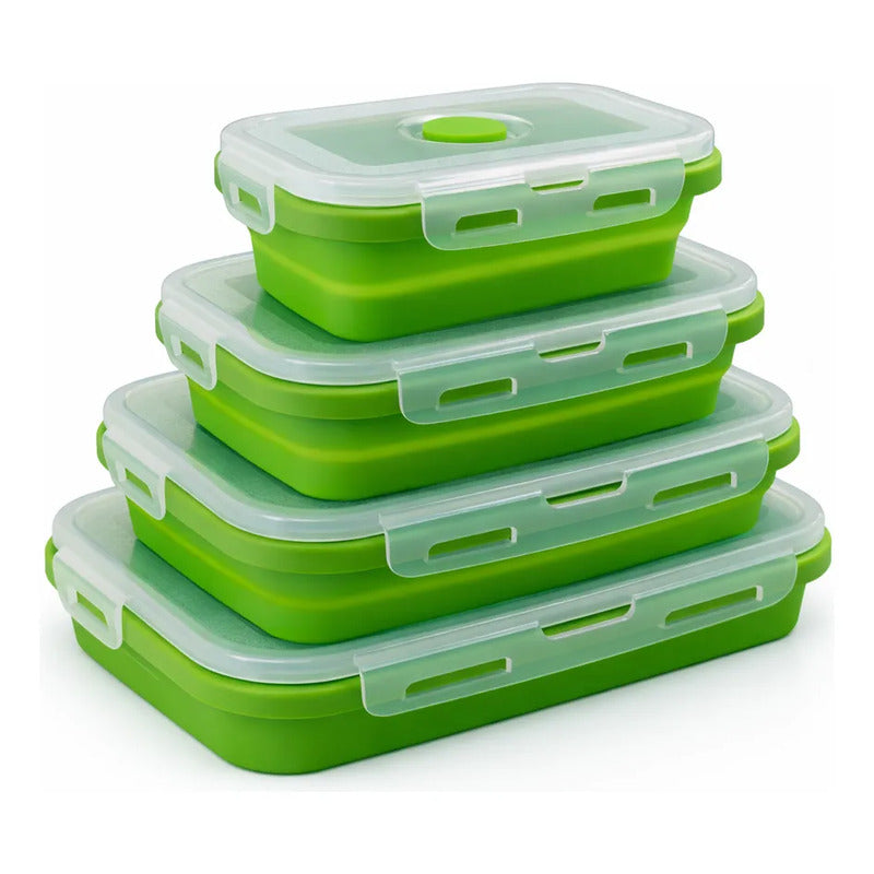 Tuppers Plegables De Silicón Con Tapas Herméticas 4pz Verde Lima