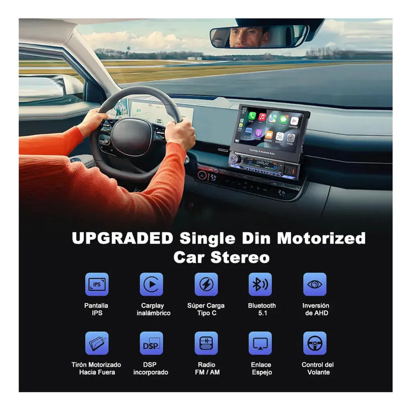 Autoestéreo 7 Pulgadas Retráctil 1 Din Carplay Bluetooth Negro
