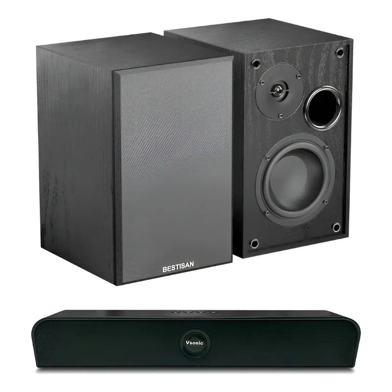 Bocinas Bluetooth Bestisan Sr02 + Barra De Sonido De Regalo Negro