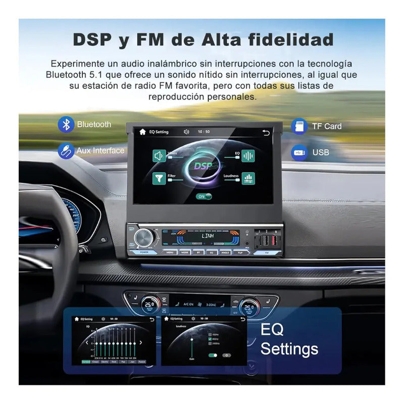 Autoestéreo 7 Pulgadas Retráctil 1 Din Carplay Bluetooth Negro