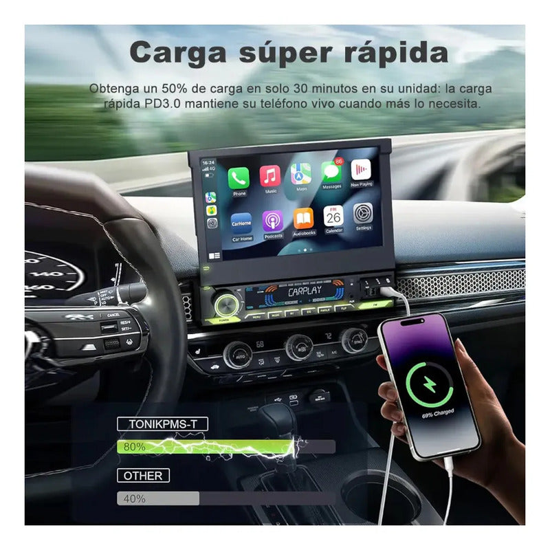 Autoestéreo 7 Pulgadas Retráctil 1 Din Carplay Bluetooth Negro