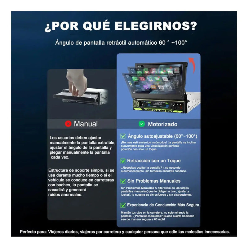 Autoestéreo 7 Pulgadas Retráctil 1 Din Carplay Bluetooth Negro