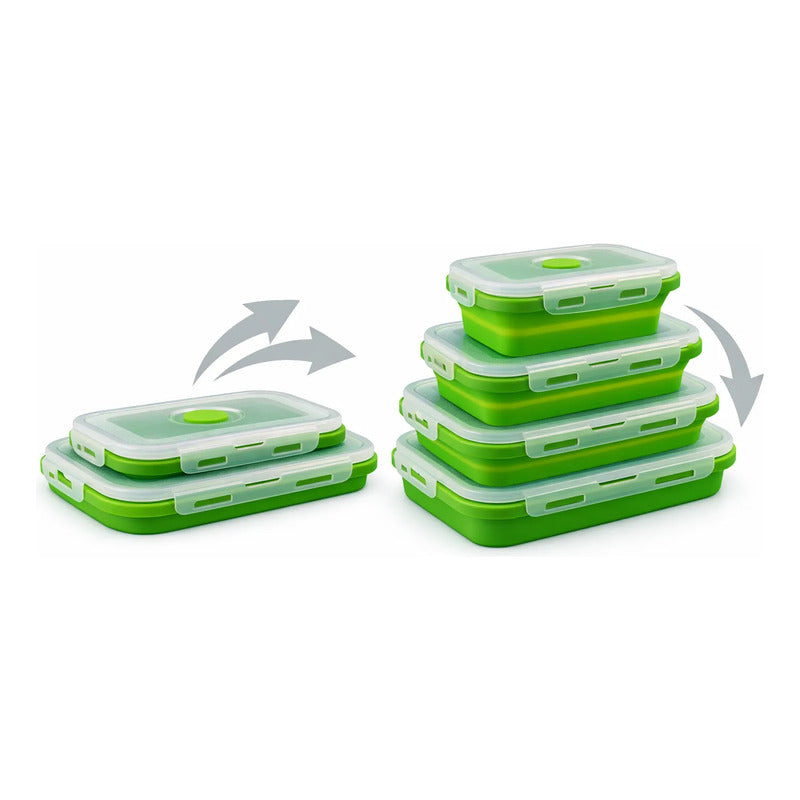 Tuppers Plegables De Silicón Con Tapas Herméticas 4pz Verde Lima