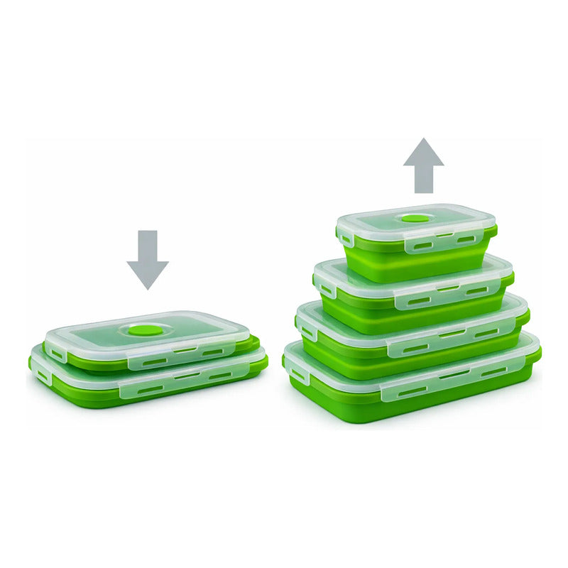 Tuppers Plegables De Silicón Con Tapas Herméticas 4pz Verde Lima