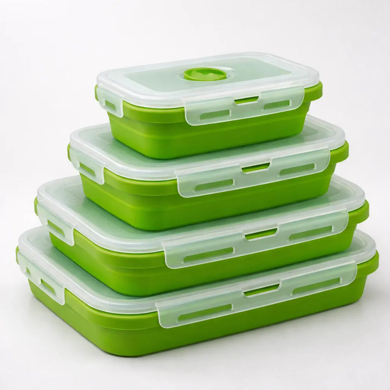 Tuppers Plegables De Silicón Con Tapas Herméticas 4pz Verde Lima