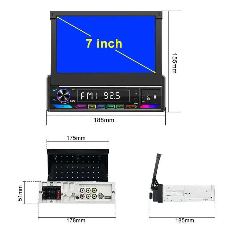 Autoestéreo 7 Pulgadas Retráctil 1 Din Carplay Bluetooth Negro