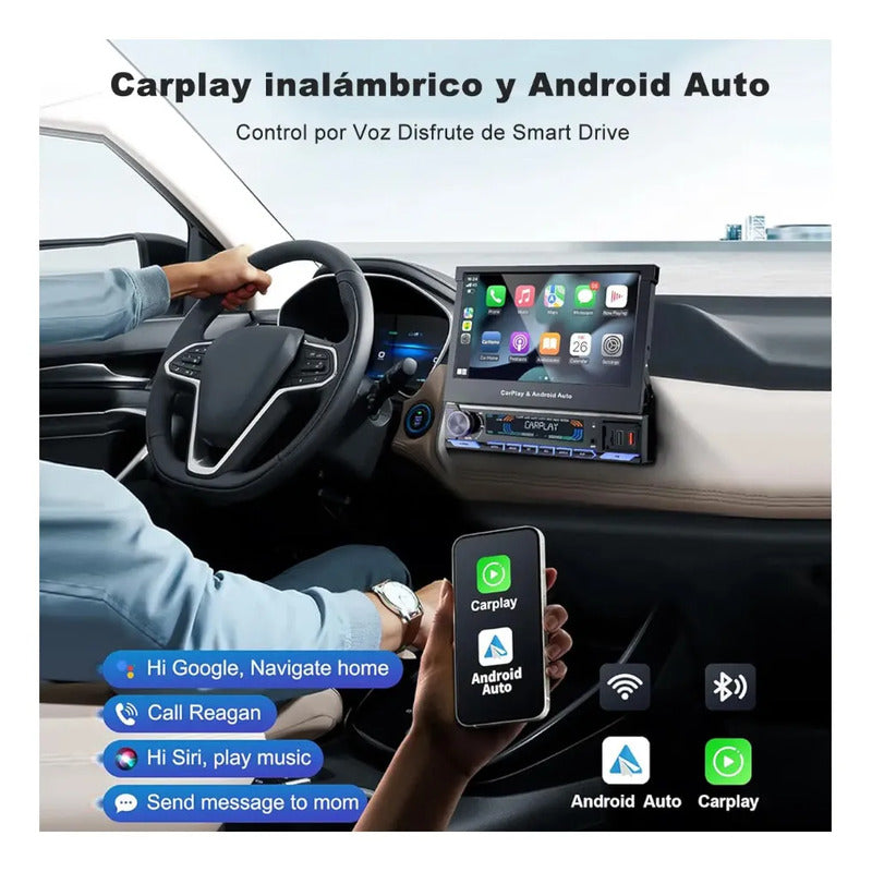 Autoestéreo 7 Pulgadas Retráctil 1 Din Carplay Bluetooth Negro