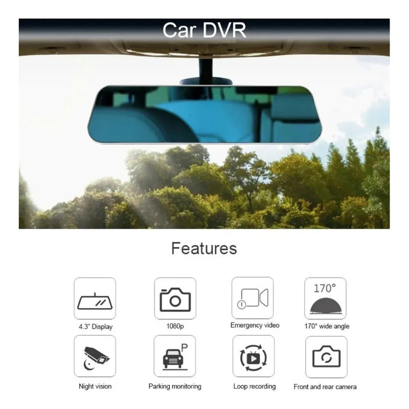 Espejo Retrovisor Dvr Universal 2 Camaras Delantera Reversa