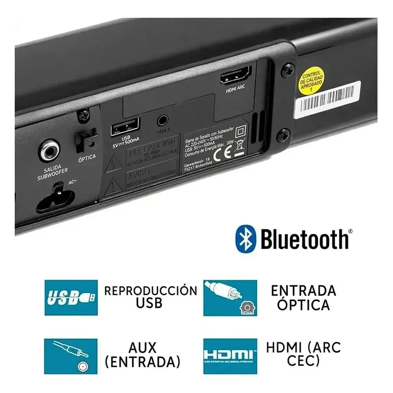 Barra De Sonido Sharp Htsb117 Con Bluetooth Y 2.0 Canales Para Tv Negro