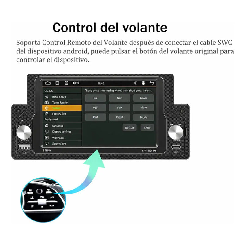 Autoestéreo Bluetooth 1 Din 5.9 Pulgadas Carplay Android Negro