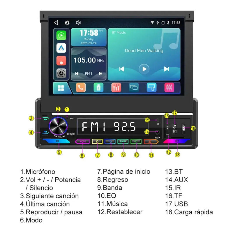 Autoestéreo 7 Pulgadas Retráctil 1 Din Carplay Bluetooth Negro