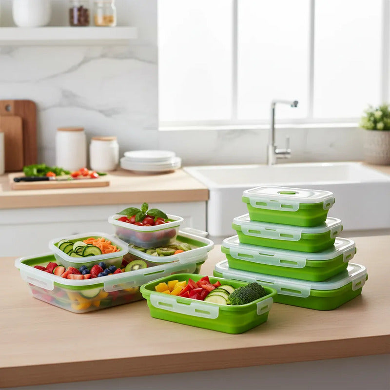 Tuppers Plegables De Silicón Con Tapas Herméticas 4pz Verde Lima