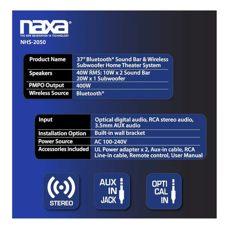Barra De Sonido Bluetooth 40w Rms Naxa Electronics Nhs-2050 Negro 50/60 Hz