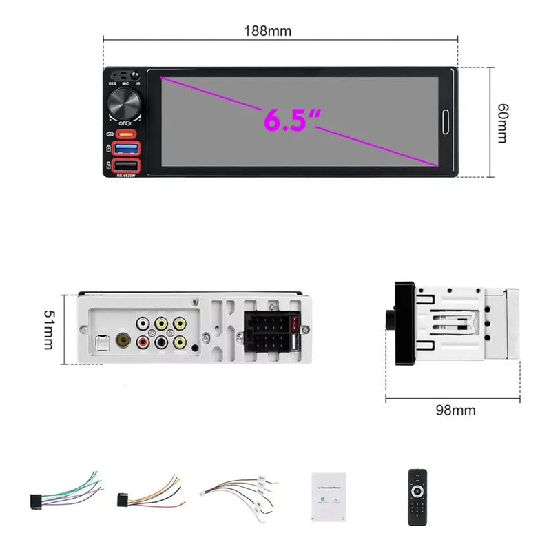 Autoestéreo 1 Din 6.5 Pulgadas Mirrorlink Carplay Bluetooth Negro