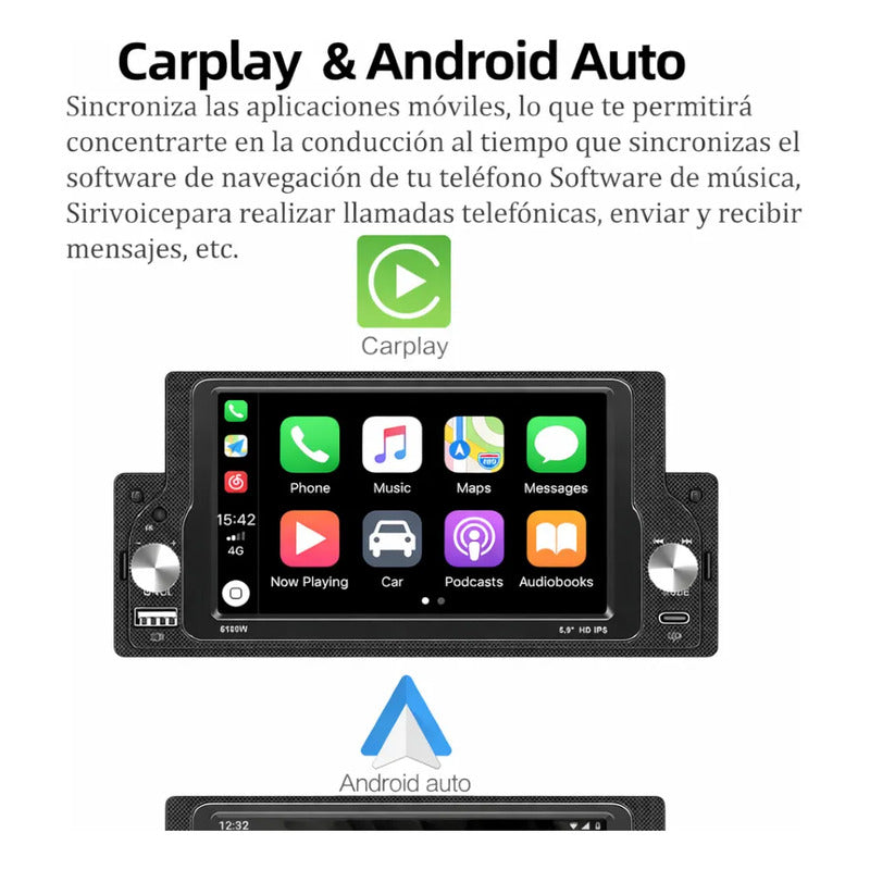 Autoestéreo Bluetooth 1 Din 5.9 Pulgadas Carplay Android Negro