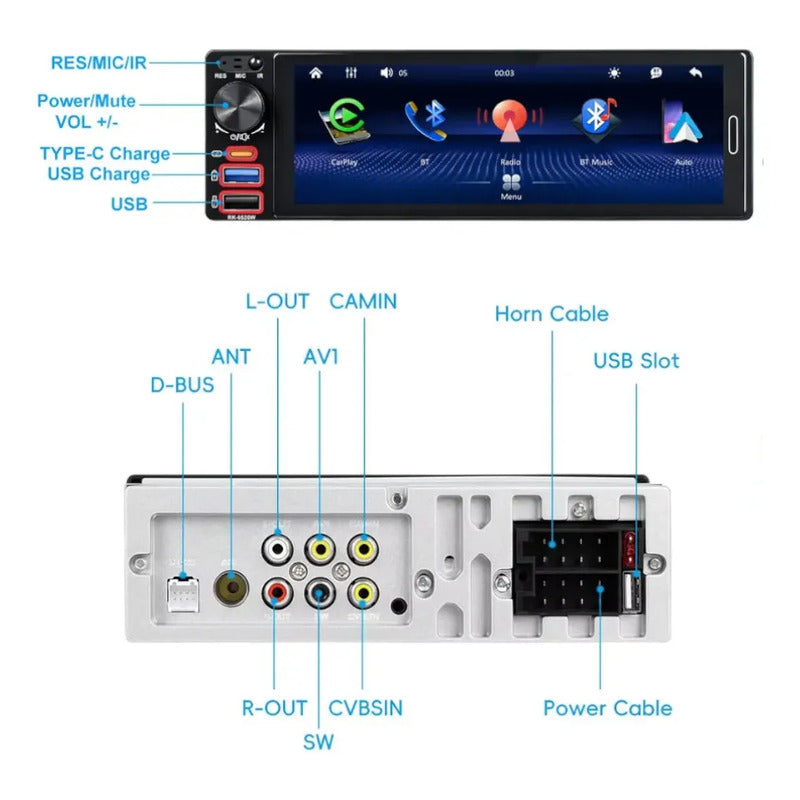 Autoestéreo 1 Din 6.5 Pulgadas Mirrorlink Carplay Bluetooth Negro