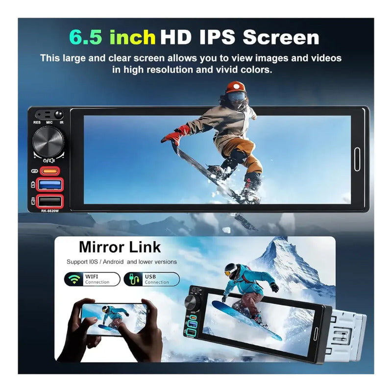 Autoestéreo 1 Din 6.5 Pulgadas Mirrorlink Carplay Bluetooth Negro
