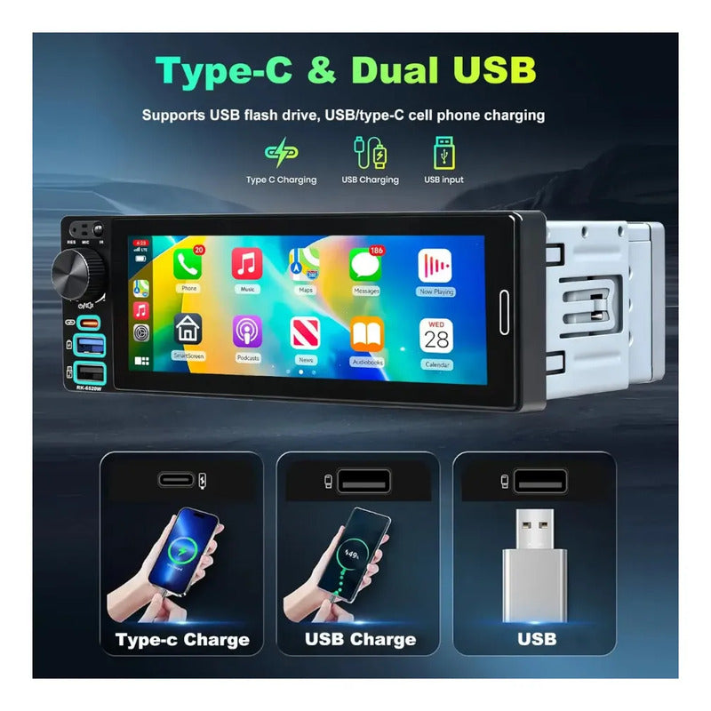 Autoestéreo 1 Din 6.5 Pulgadas Mirrorlink Carplay Bluetooth Negro