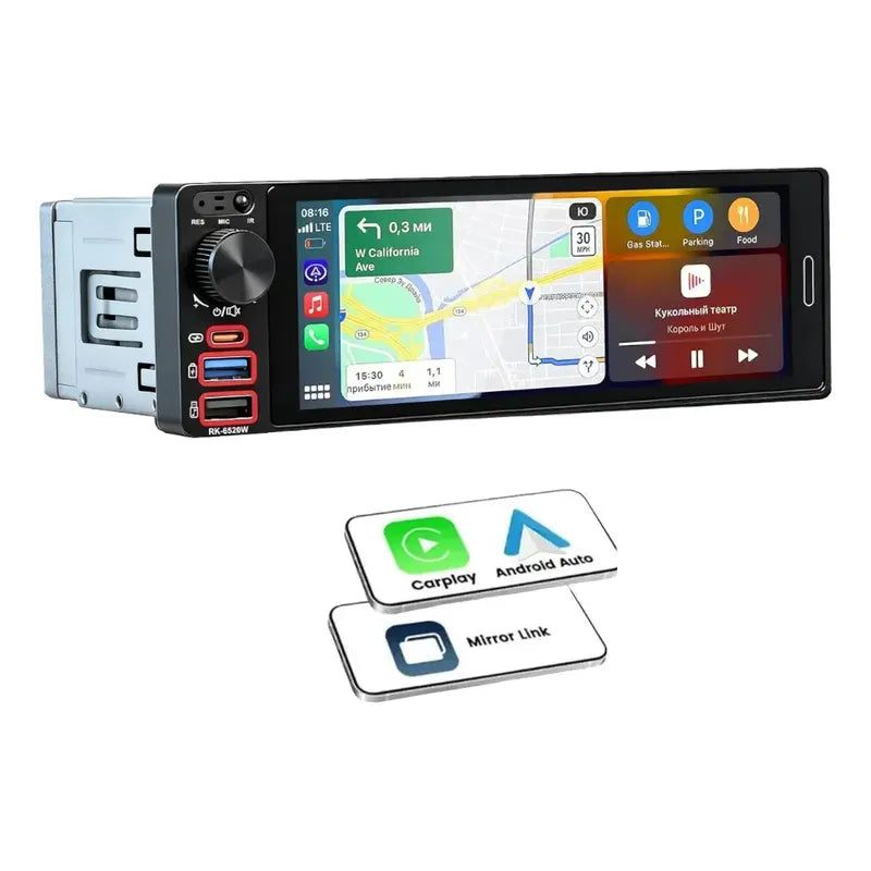Autoestéreo 1 Din 6.5 Pulgadas Mirrorlink Carplay Bluetooth Negro